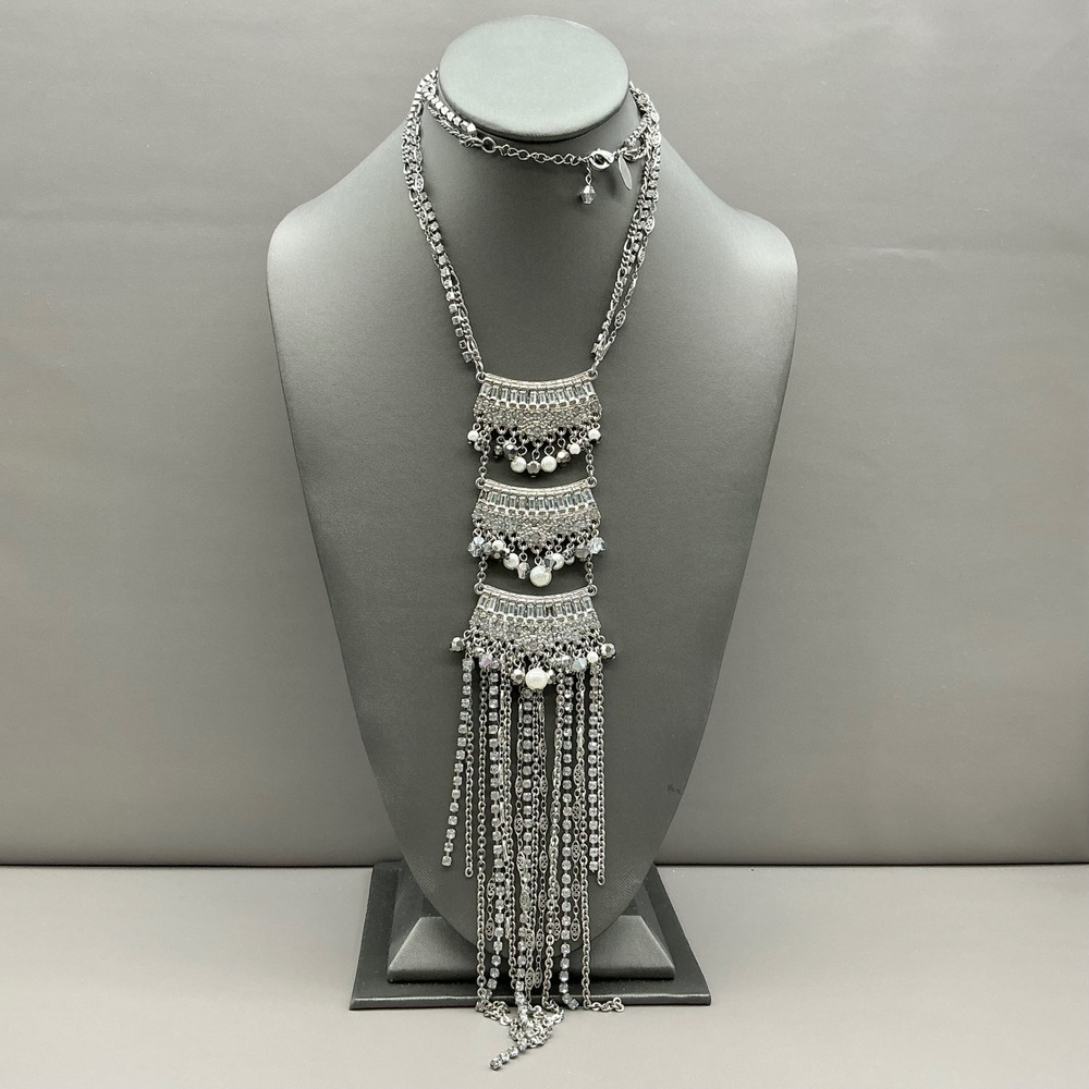 White House Black Market Necklace Womens Silver Crystal Faux Pearl Tassel Fringe